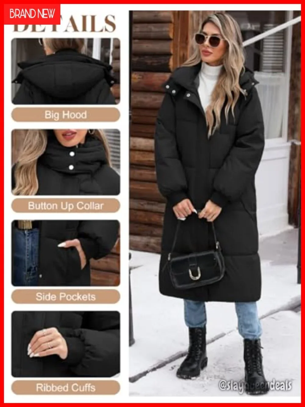 Winter Long Puffer Coat Hooded Parka Full Length Down Zip Front